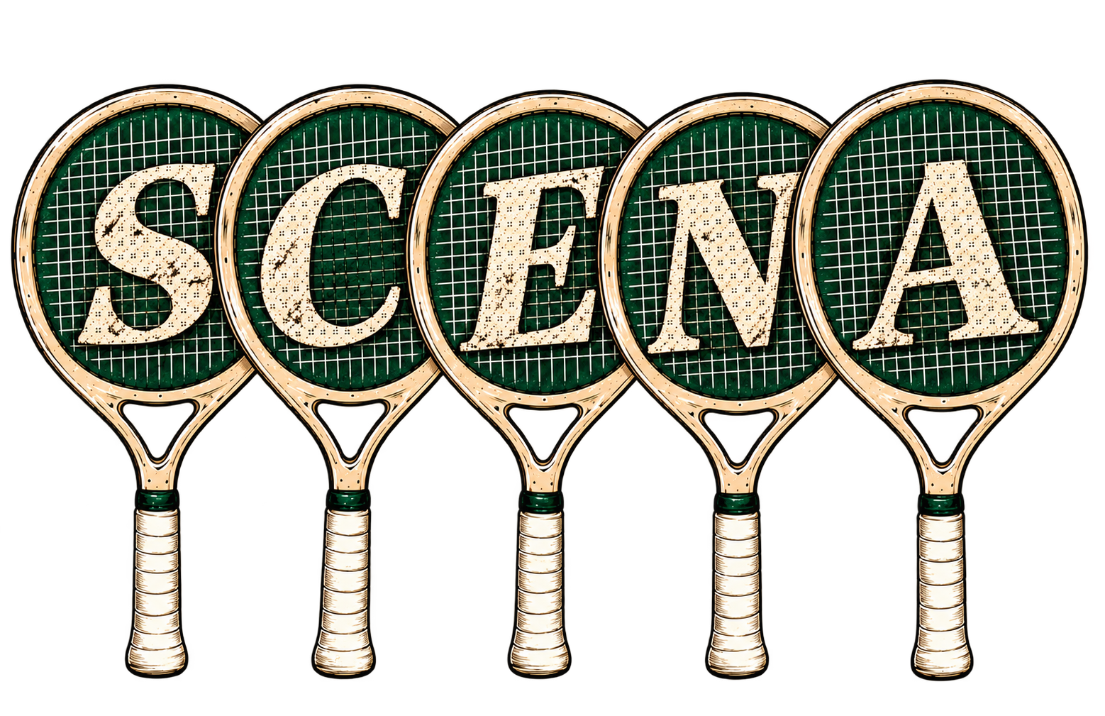 Scena spelled across five vintage tennis rackets